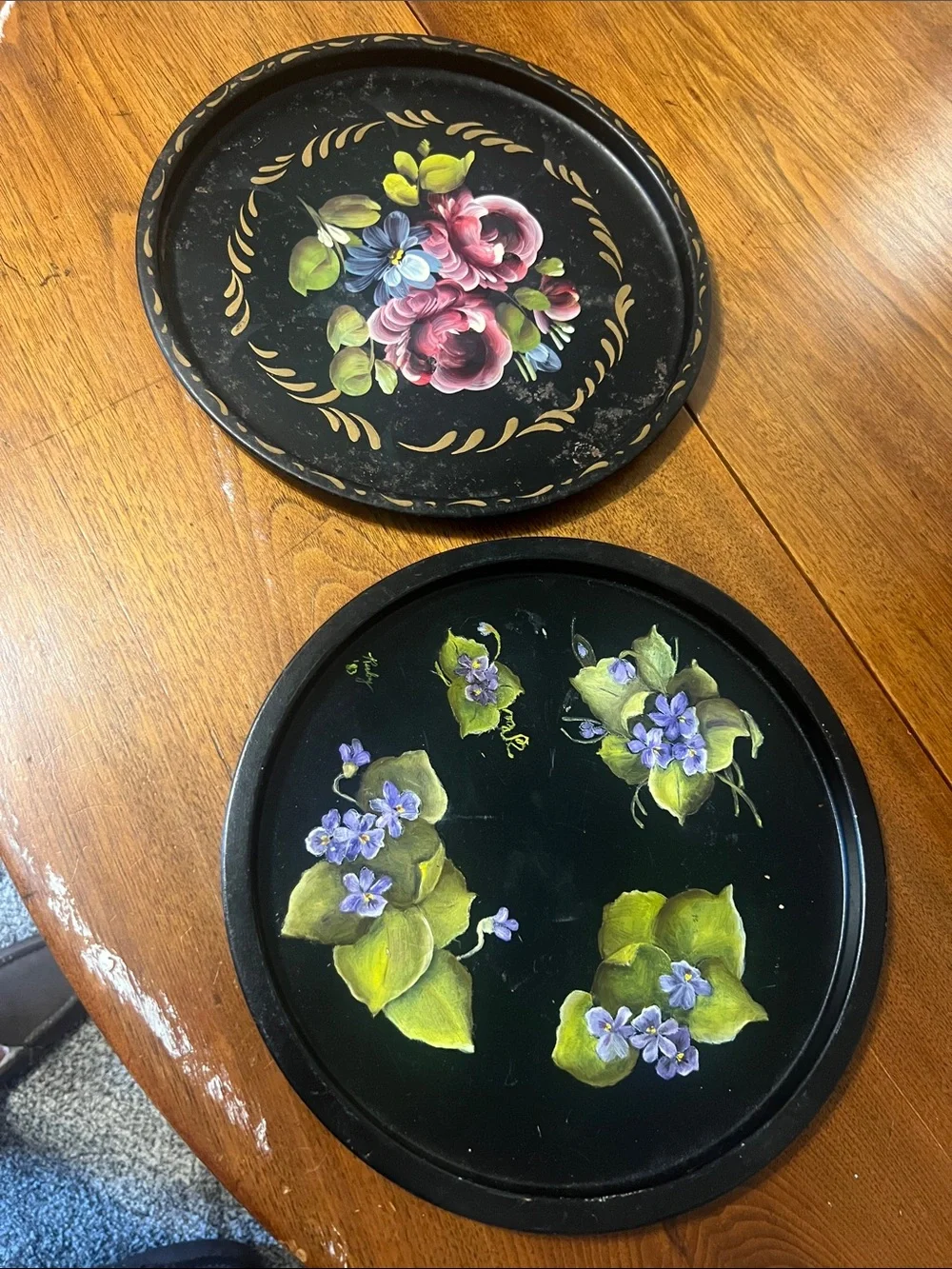 Vintage Hand-Painted Toleware Trays - Green & Purple Accents